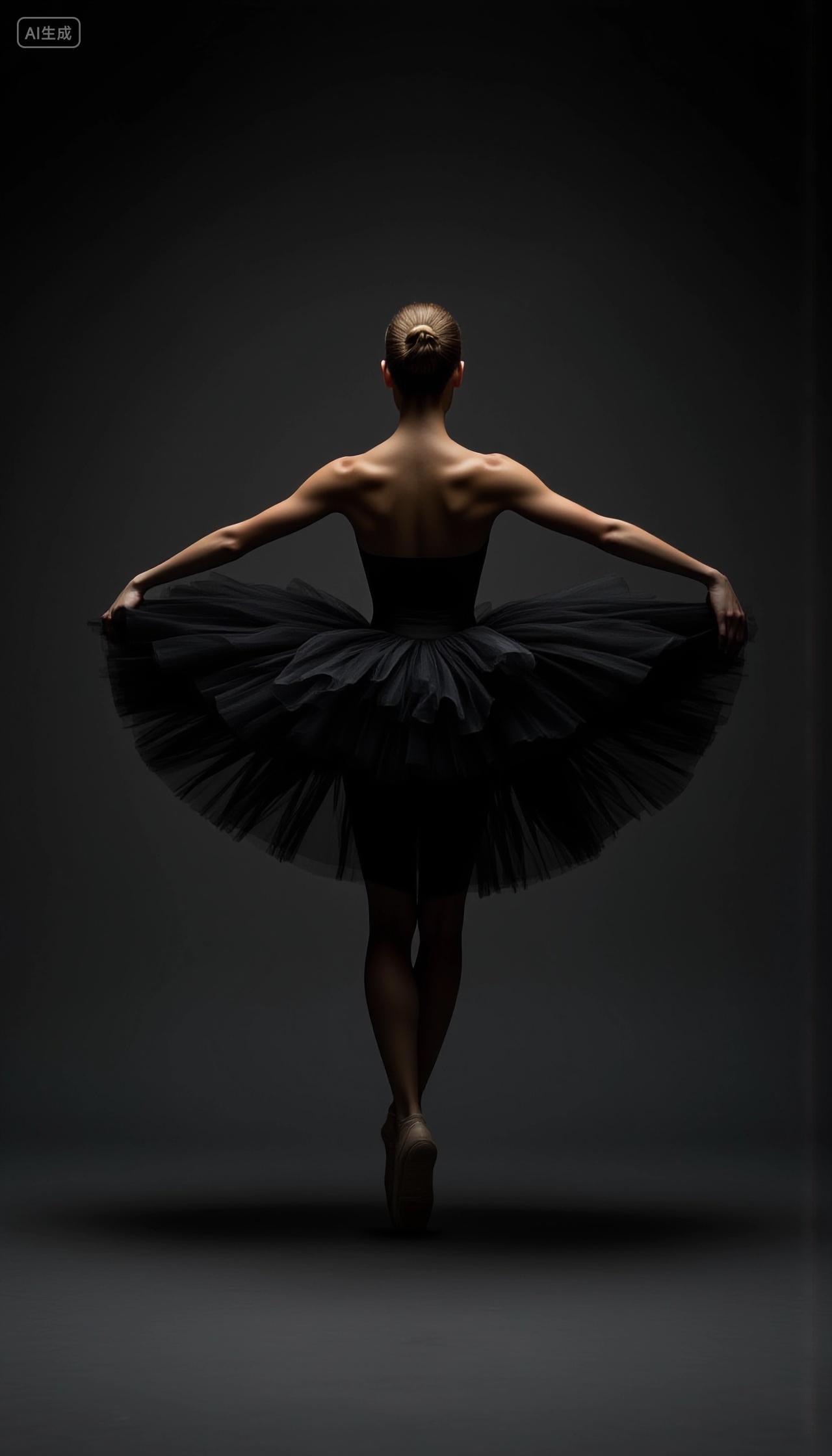 舞蹈跳舞背对镜头身着黑色芭蕾舞裙的舞者背影图