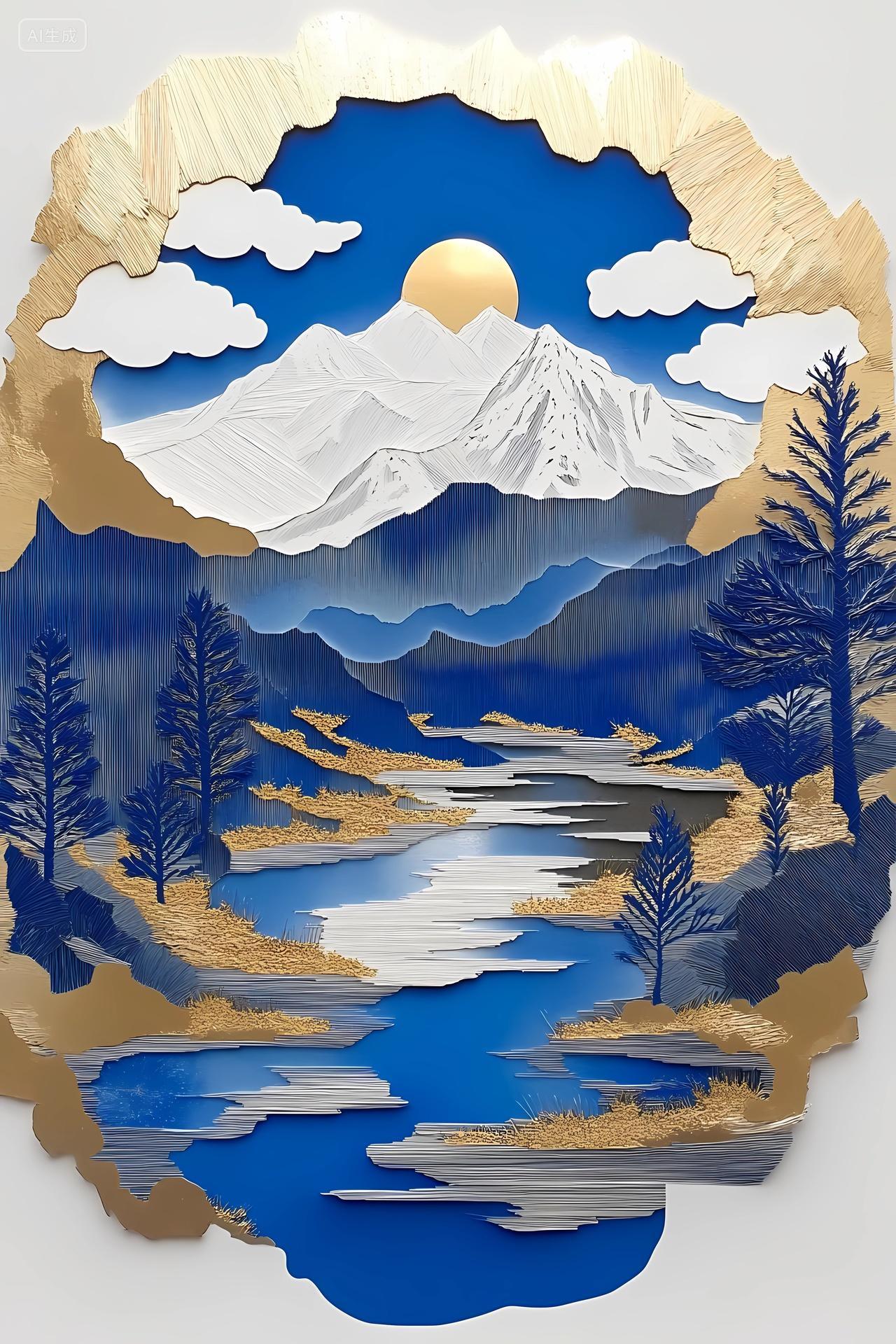 山水风景蓝金配色山峦河流树木太阳构成的立体纸艺风景