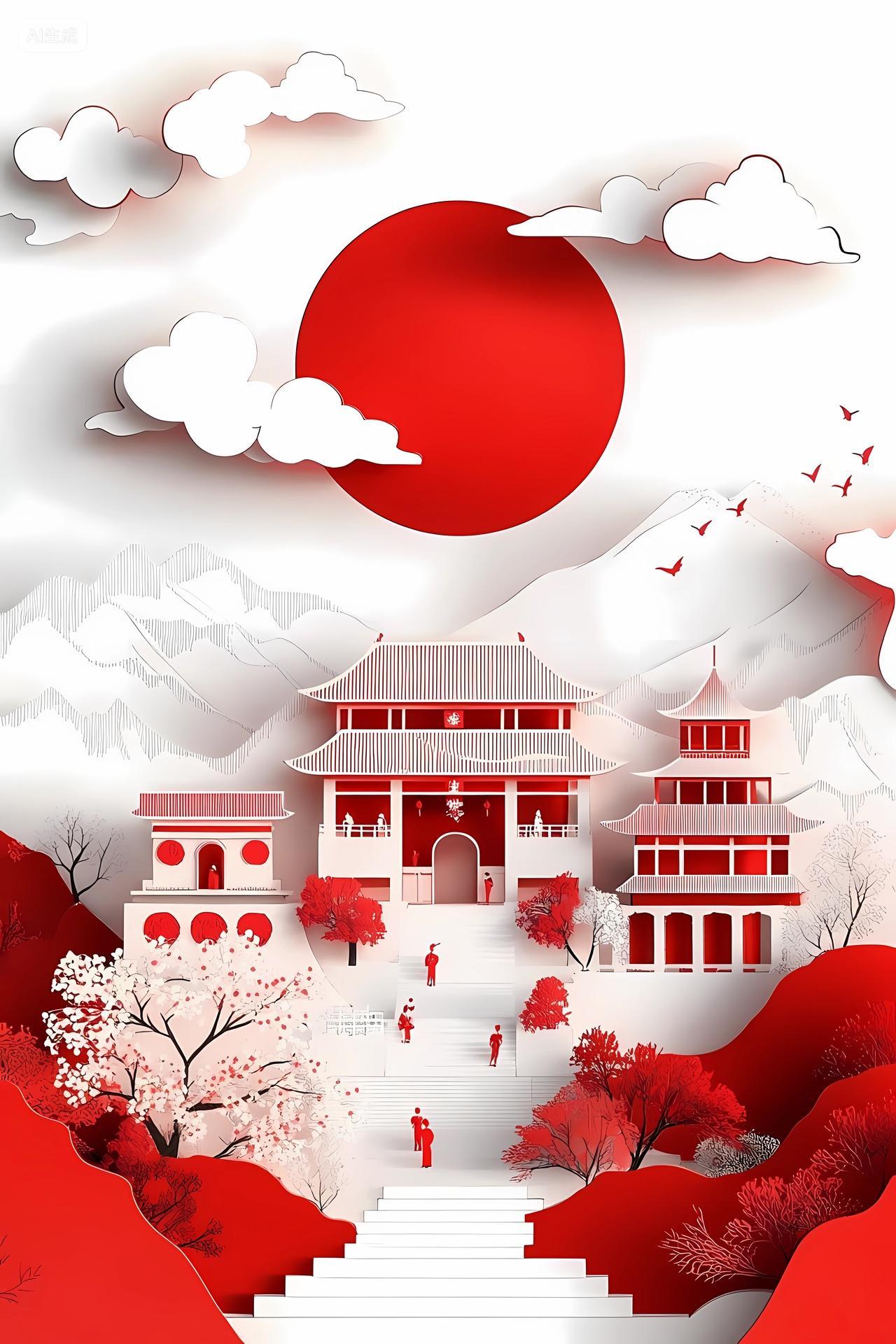 山水古建筑树木人物组成的剪纸风场景