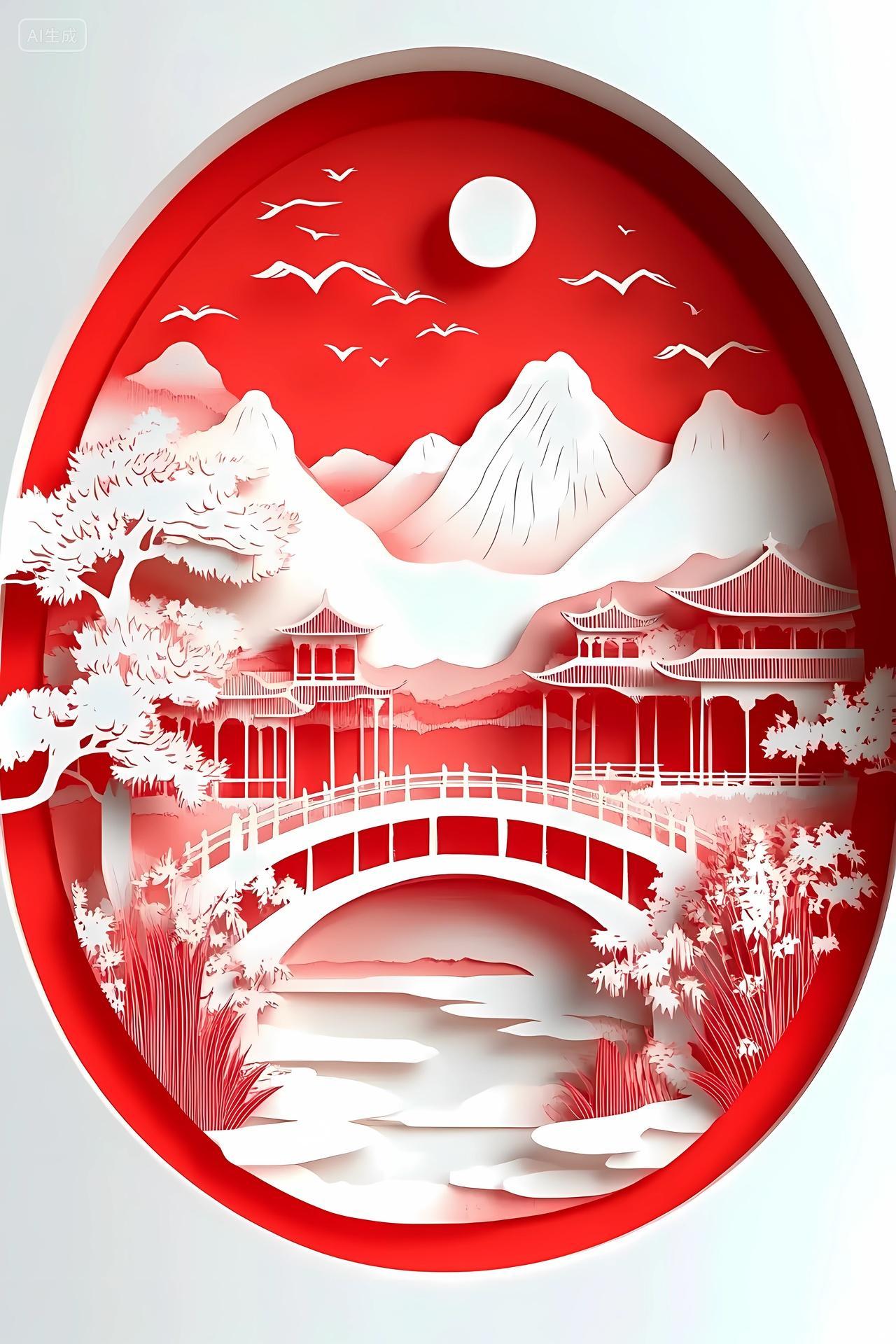 红白色调圆形构图中桥亭山水飞鸟的纸艺景观