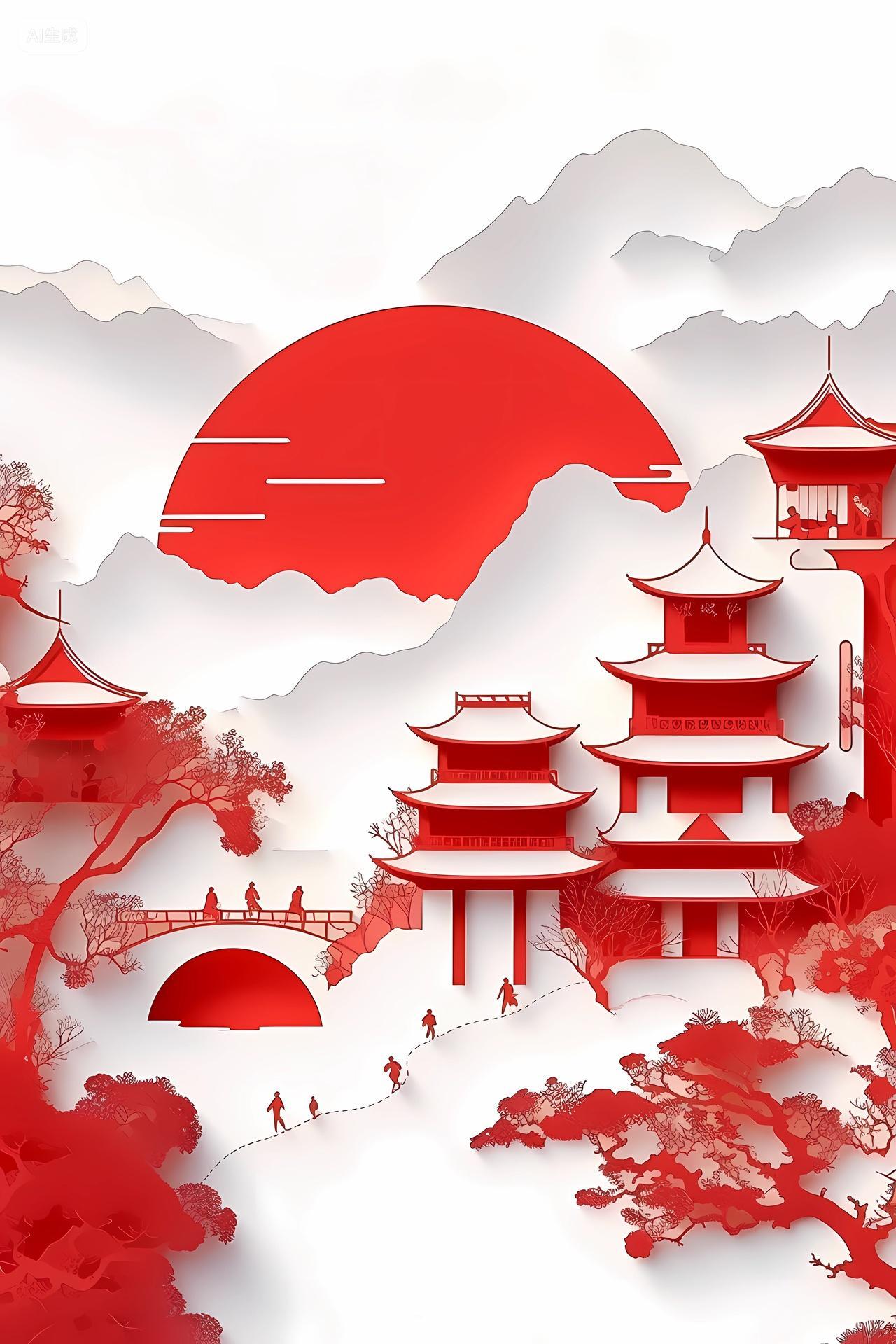 红色调太阳山峦古建筑人物构成的剪纸风格画面