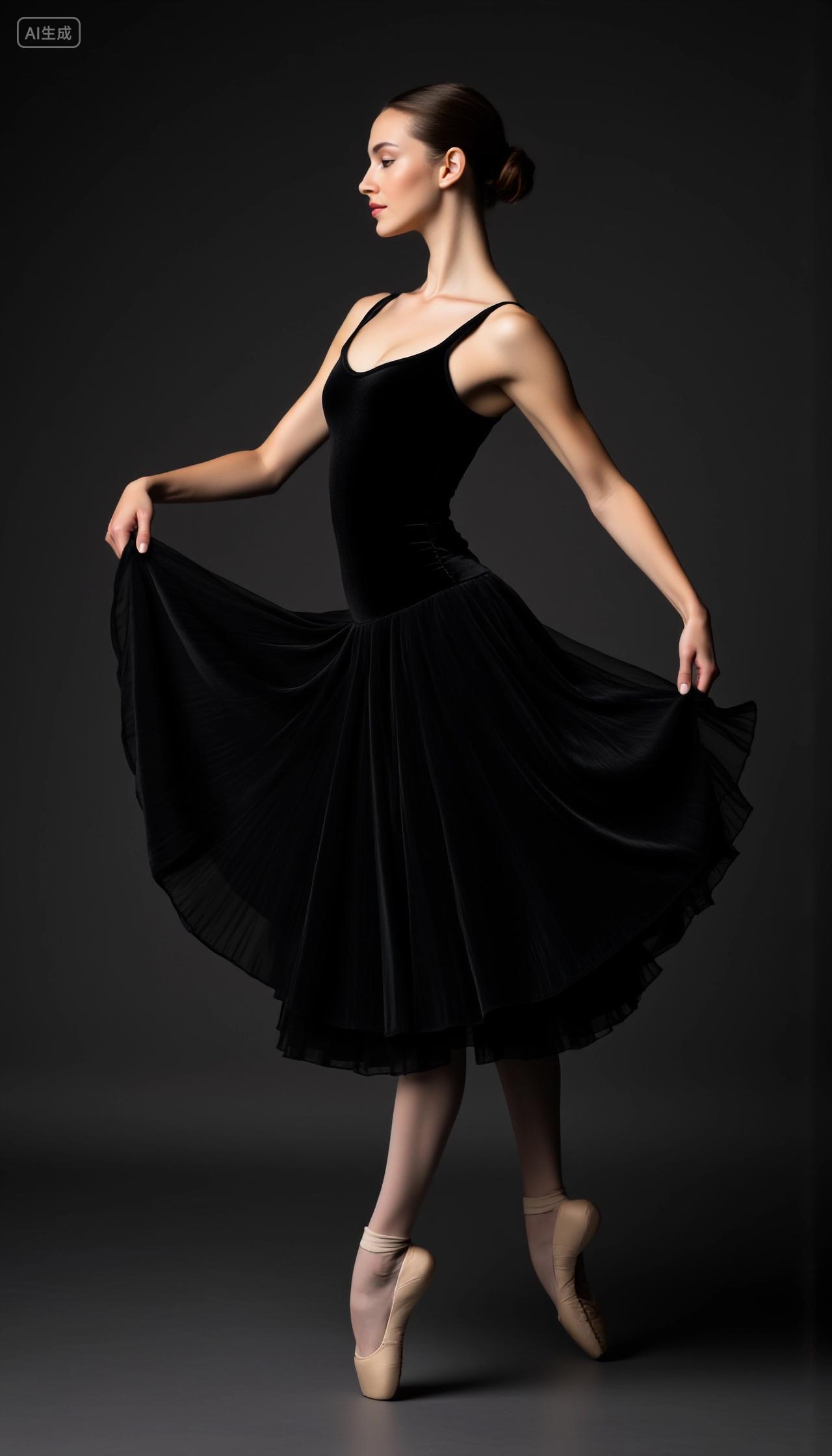 舞蹈跳舞身着黑色舞裙的芭蕾舞者展示优雅姿态画面