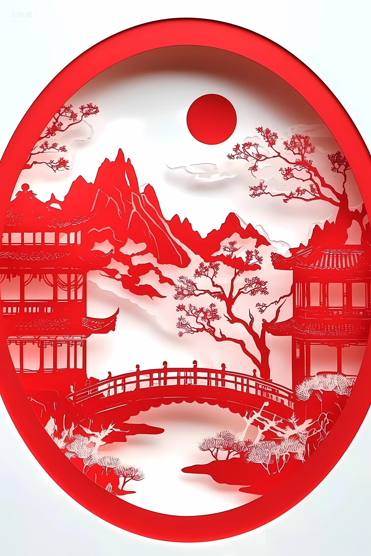 圆形红色边框内山水古建筑构成的剪纸艺术画面