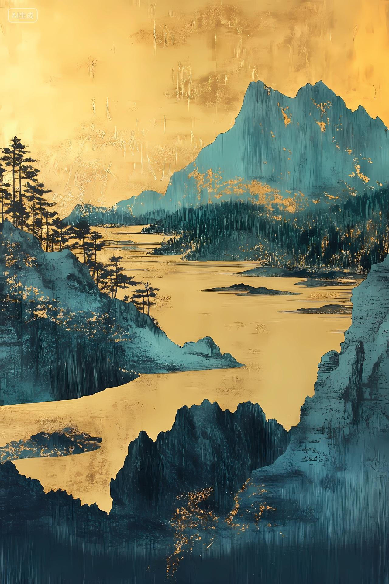 中国风山水风景蓝黄配色展现山水相依的宁静自然风景图