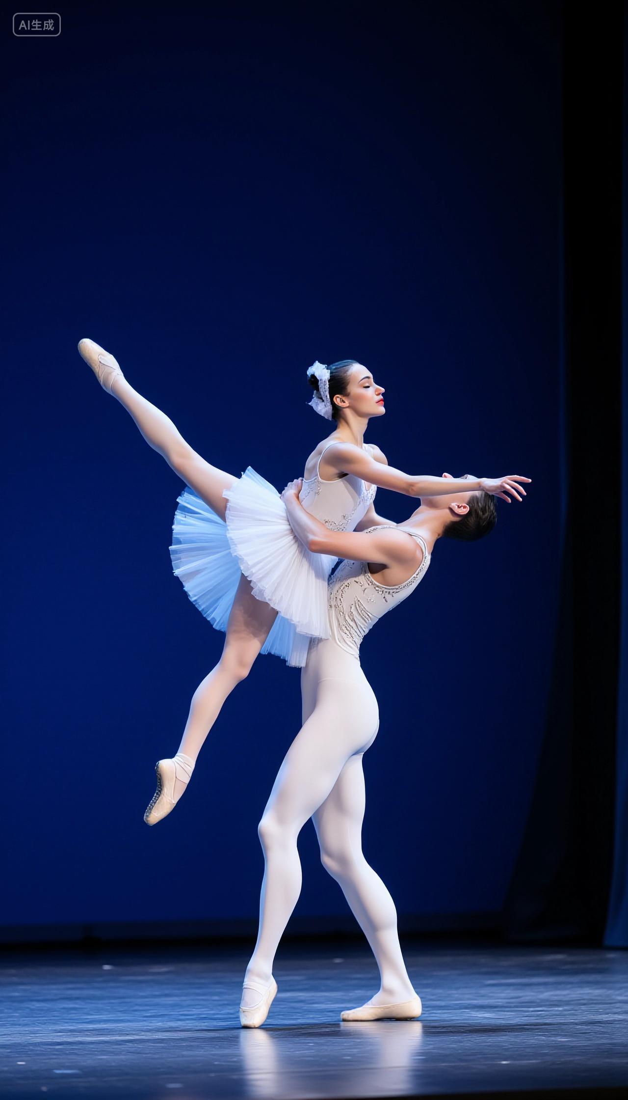 舞蹈跳舞舞台上男女芭蕾舞演员配合默契的表演瞬间