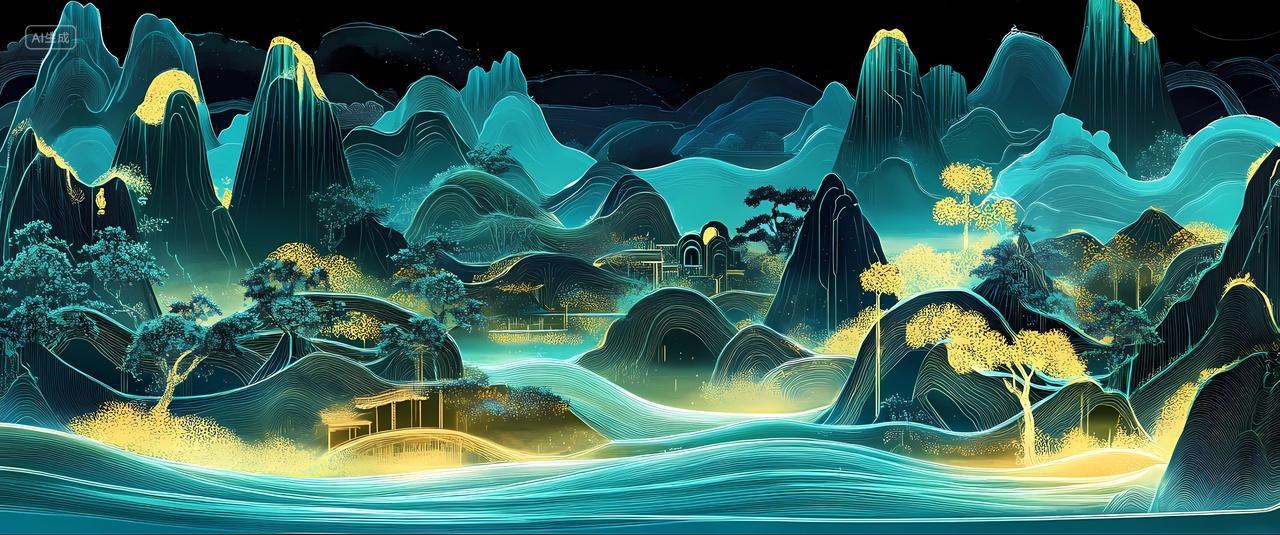中国风山水风景蓝绿色调金色点缀的梦幻山水夜景画面