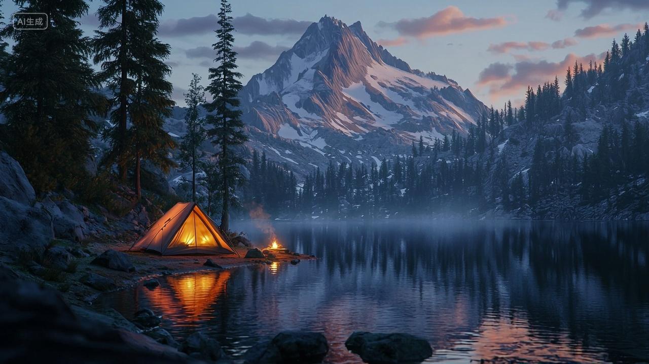 河边帐篷户外露营篝火