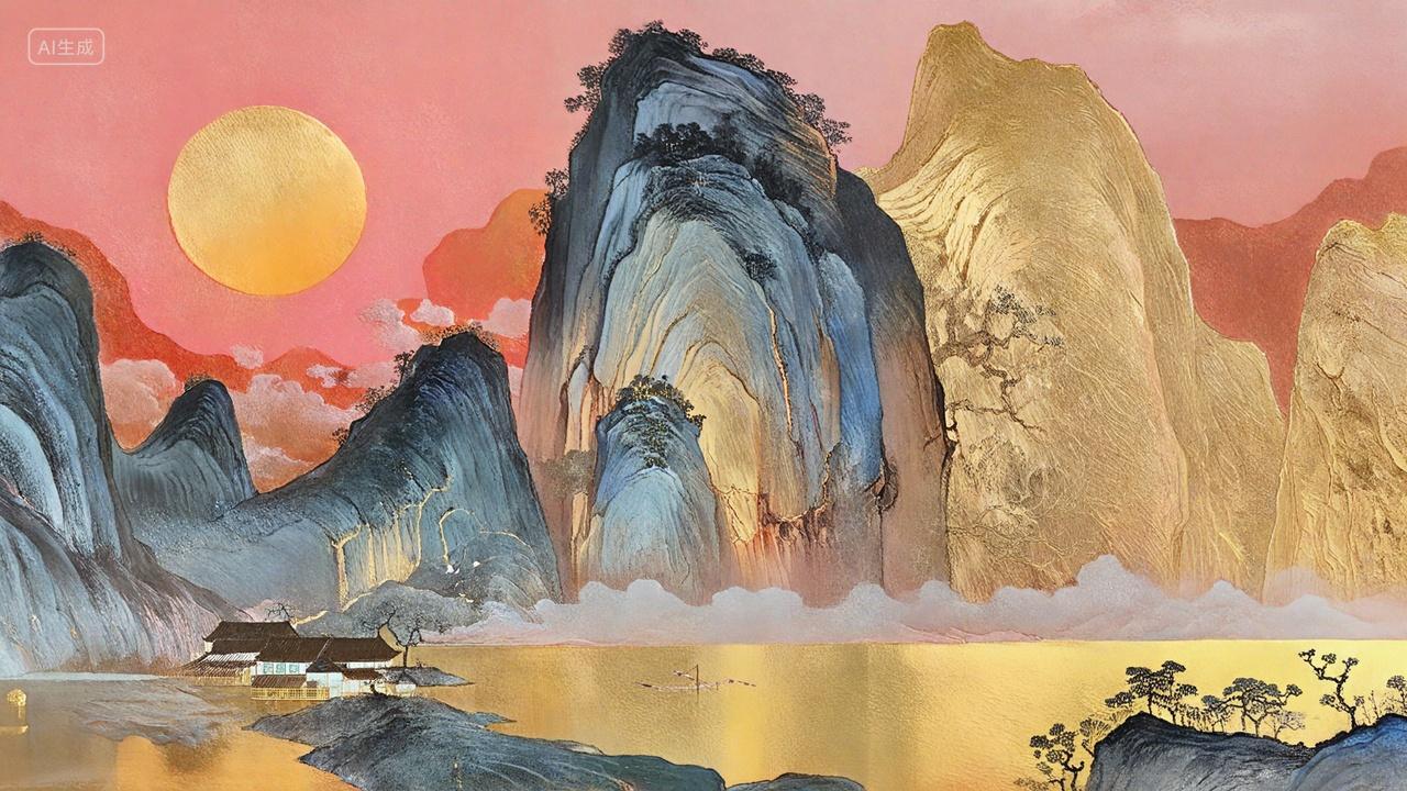 日落西山金色粉色渐变色金箔点缀王希孟山脉山峦风景图