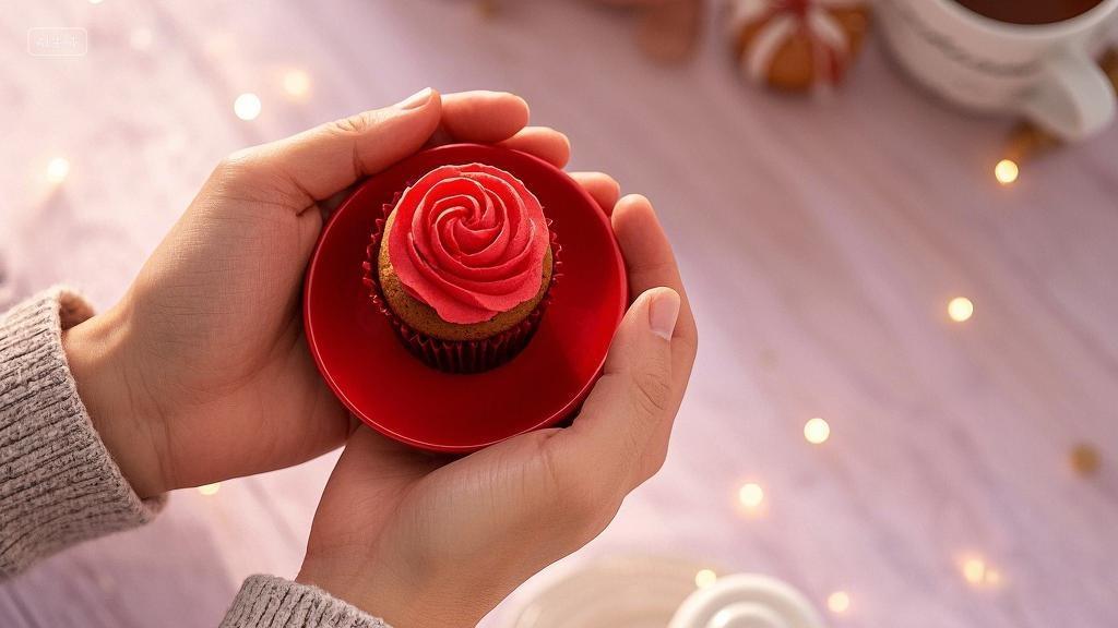 双手捧着红色盘子上的玫红色裱花纸杯蛋糕烘焙糕点