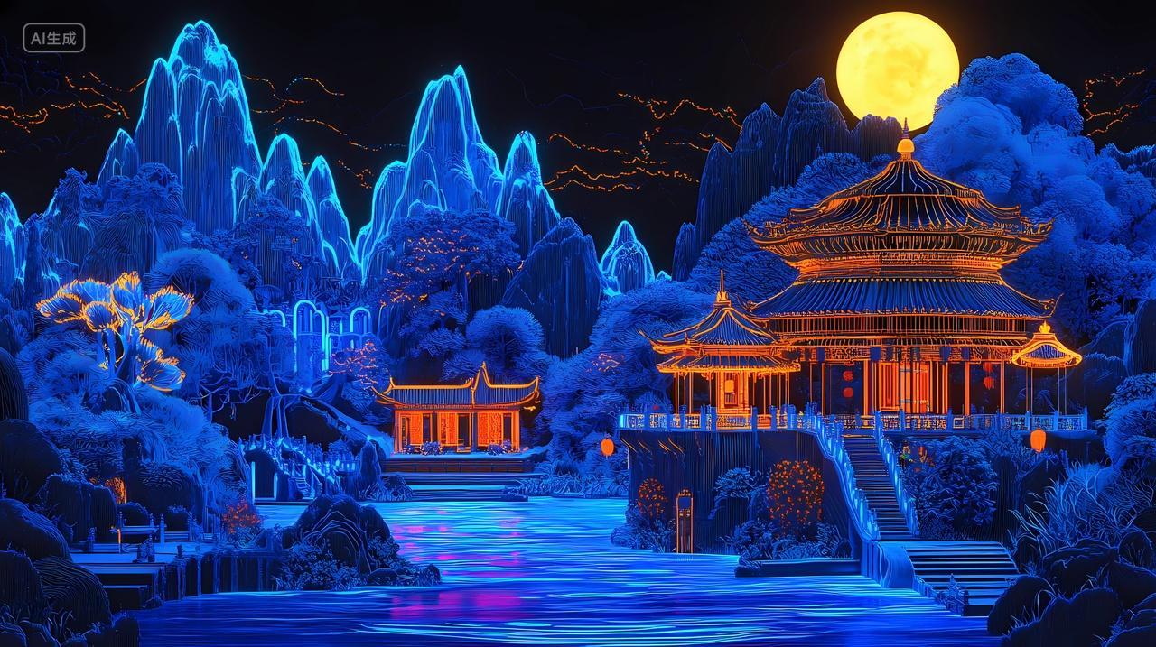 中国风山水风景梦幻夜景蓝黑色背景下金色古建筑与蓝色山峦