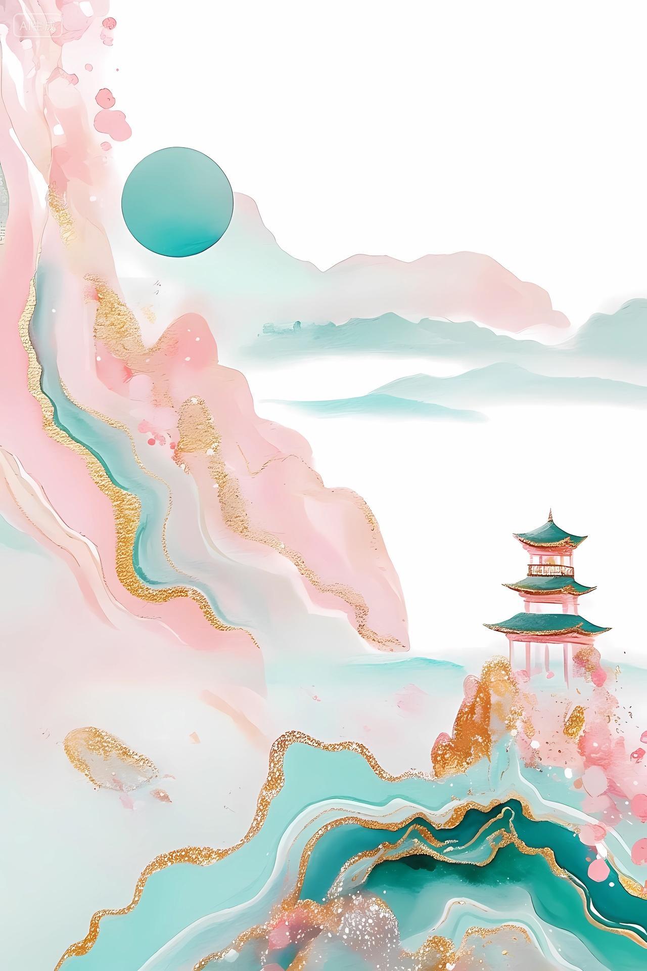 粉蓝金三色营造梦幻氛围的远山近亭风景图