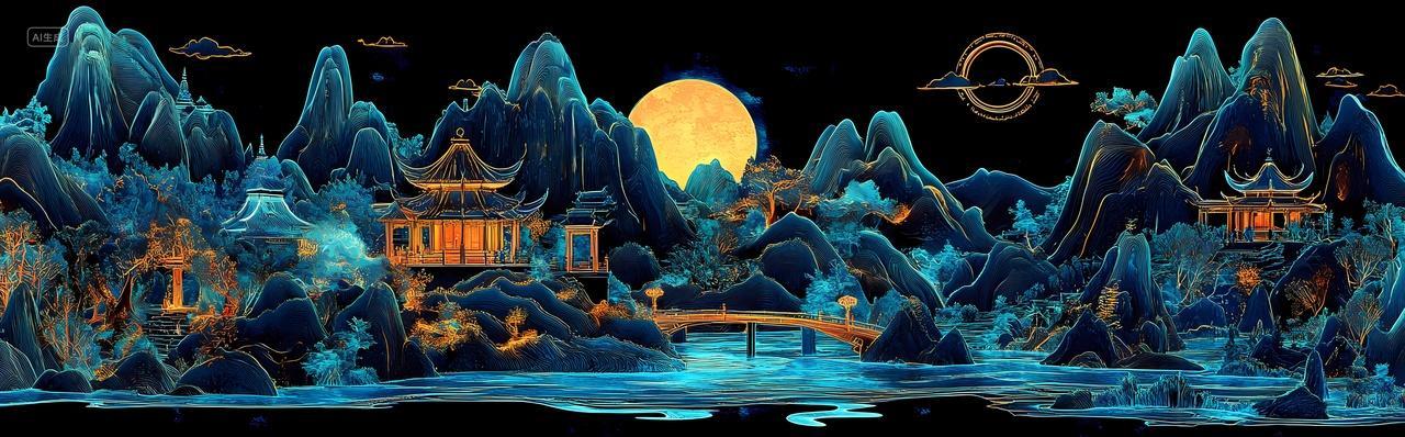 中国风山水风景蓝黑色夜空下金色建筑与蓝色山脉的奇幻画面