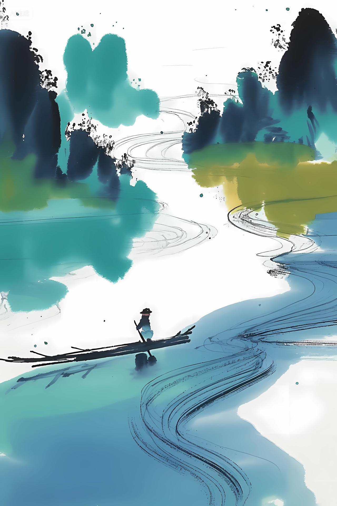 蓝绿水墨交融的水面上一人乘简易木筏缓缓漂流