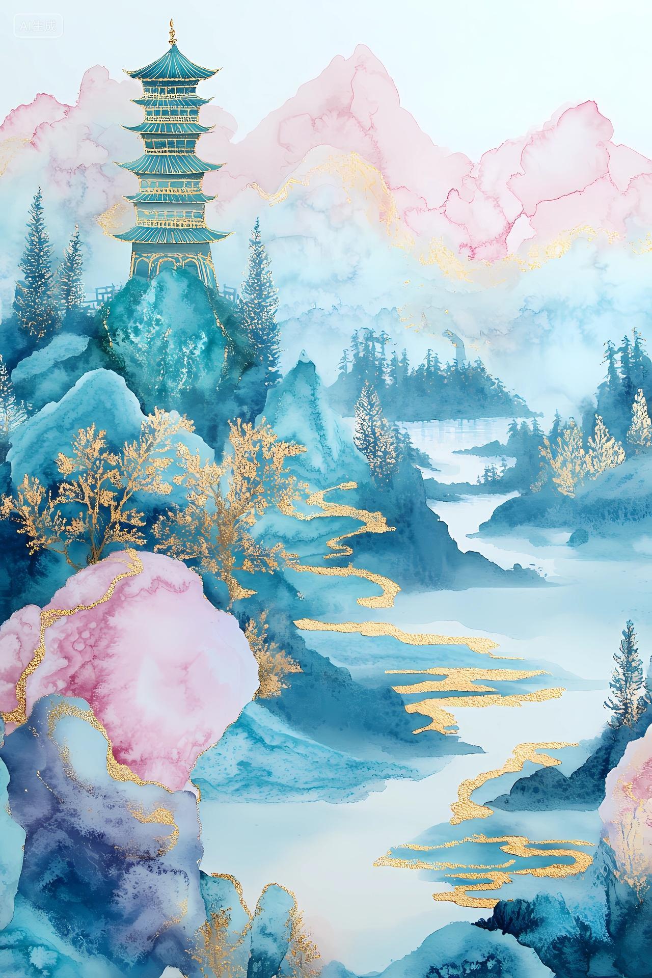 蓝粉配色并点缀金色的山林宝塔河流风景图