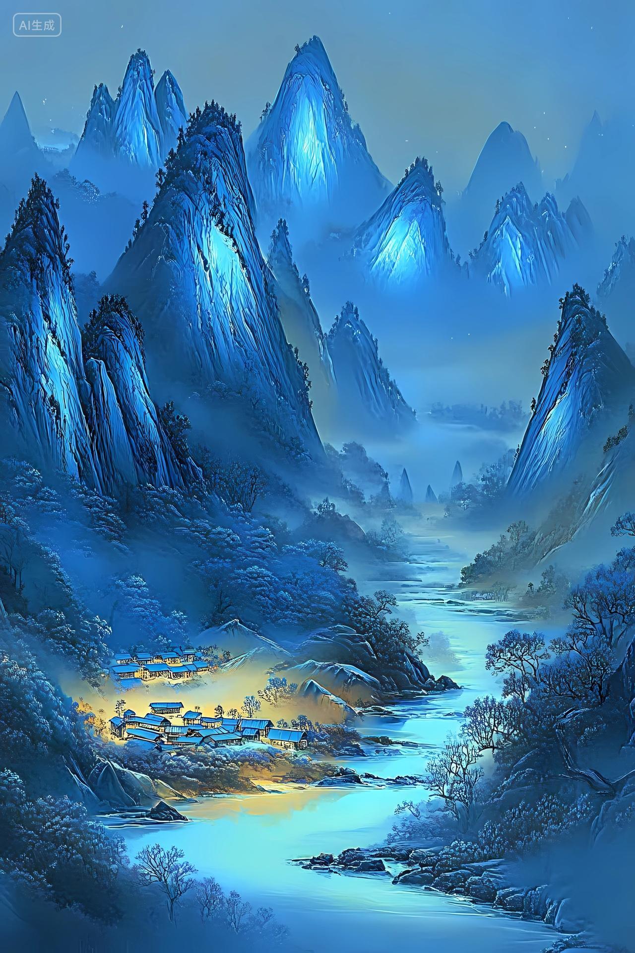 中国风山水风景蓝色系山脉河流与村落构成的清幽夜景画面