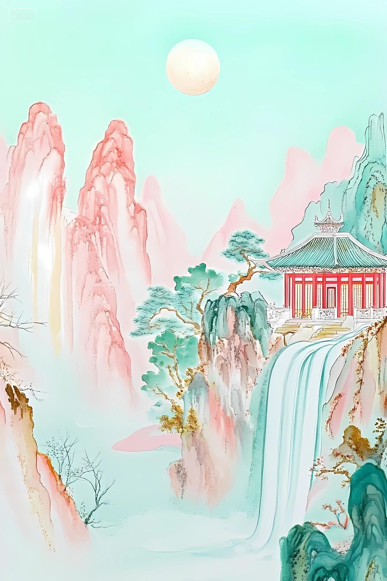 淡粉淡绿营造清新感的悬崖古建筑瀑布风景图