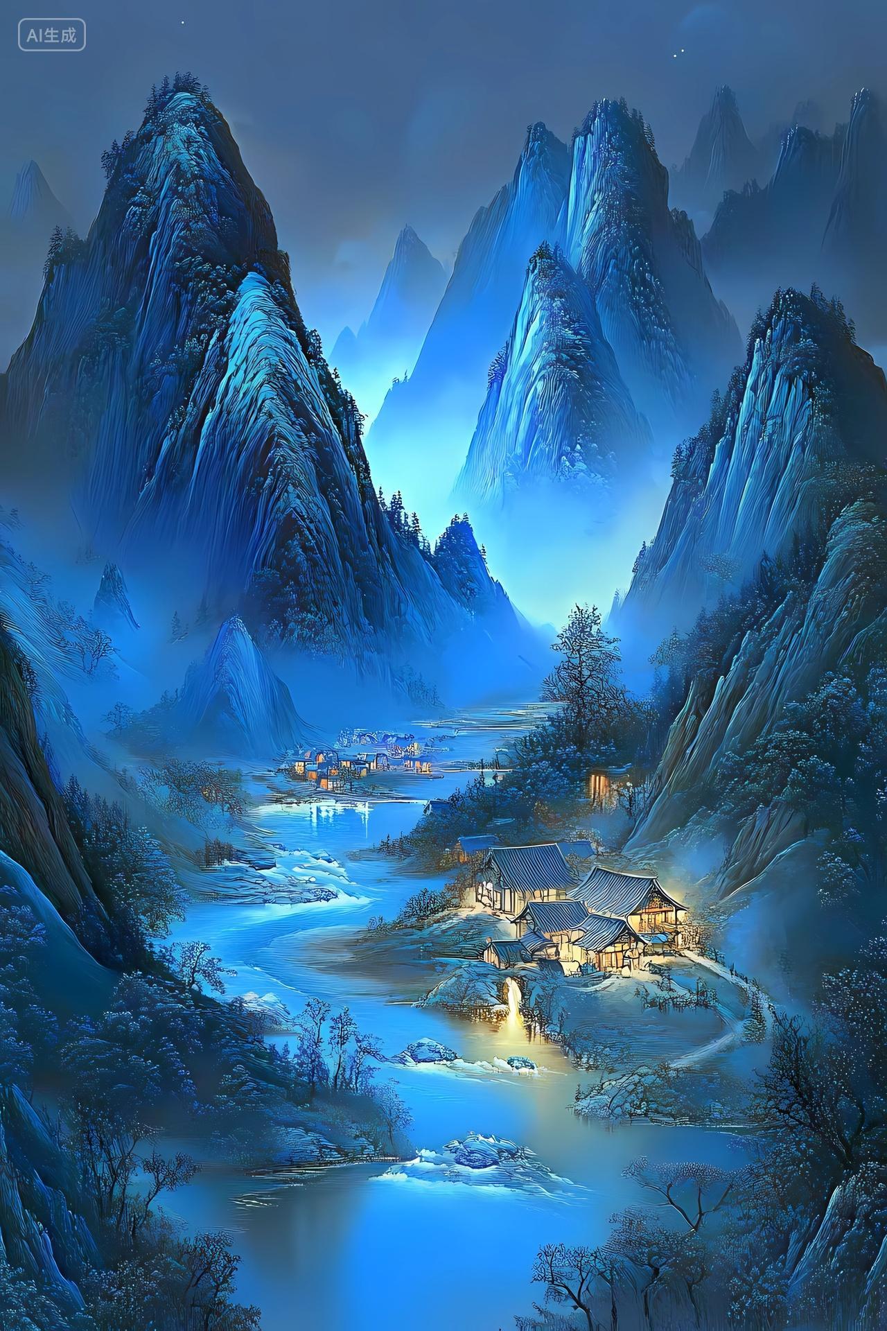 中国风山水风景蓝色调山间村落被群山环绕的静谧夜景画面