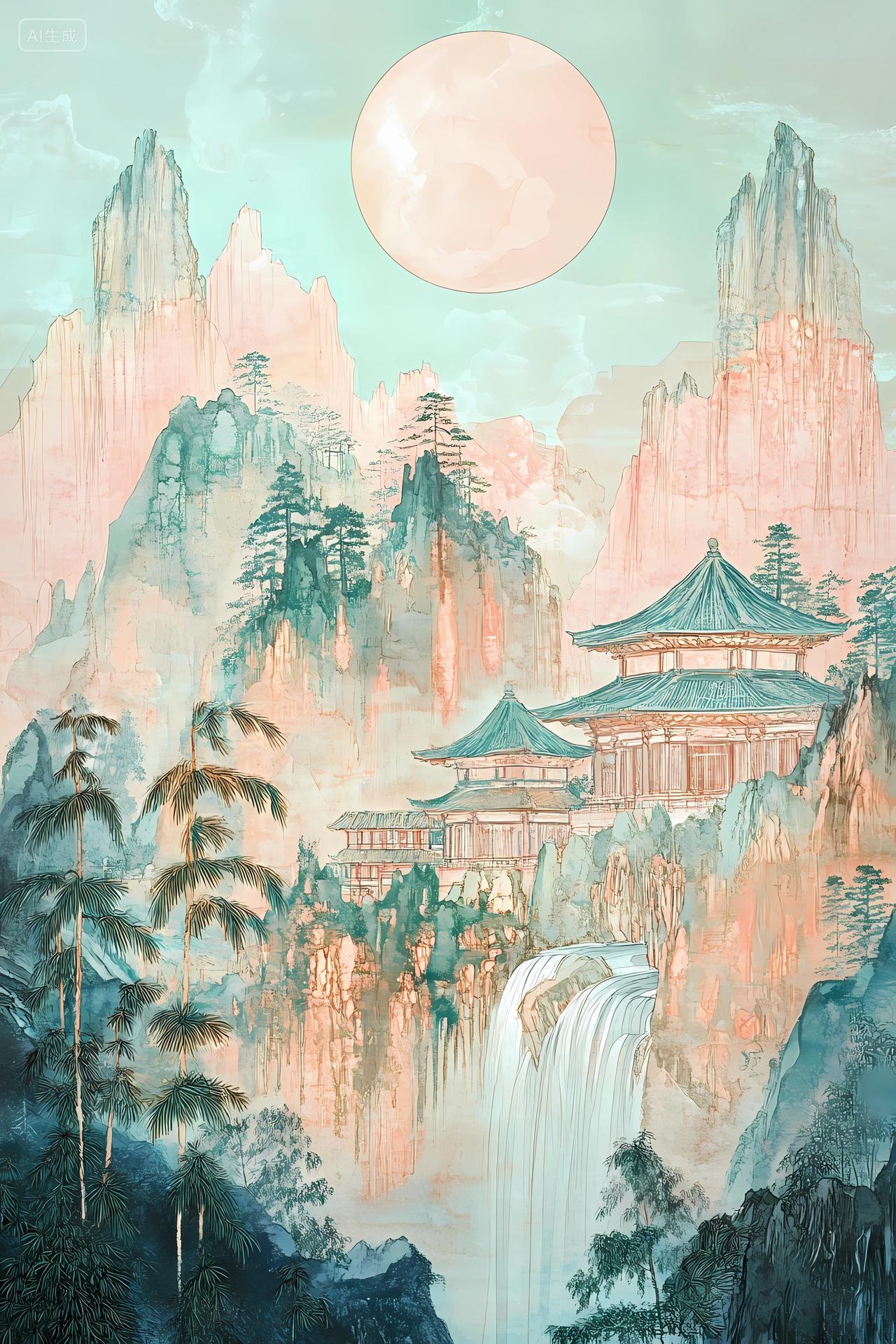 中国风山水风景粉绿配色展现山间古建筑与瀑布的诗意风景图
