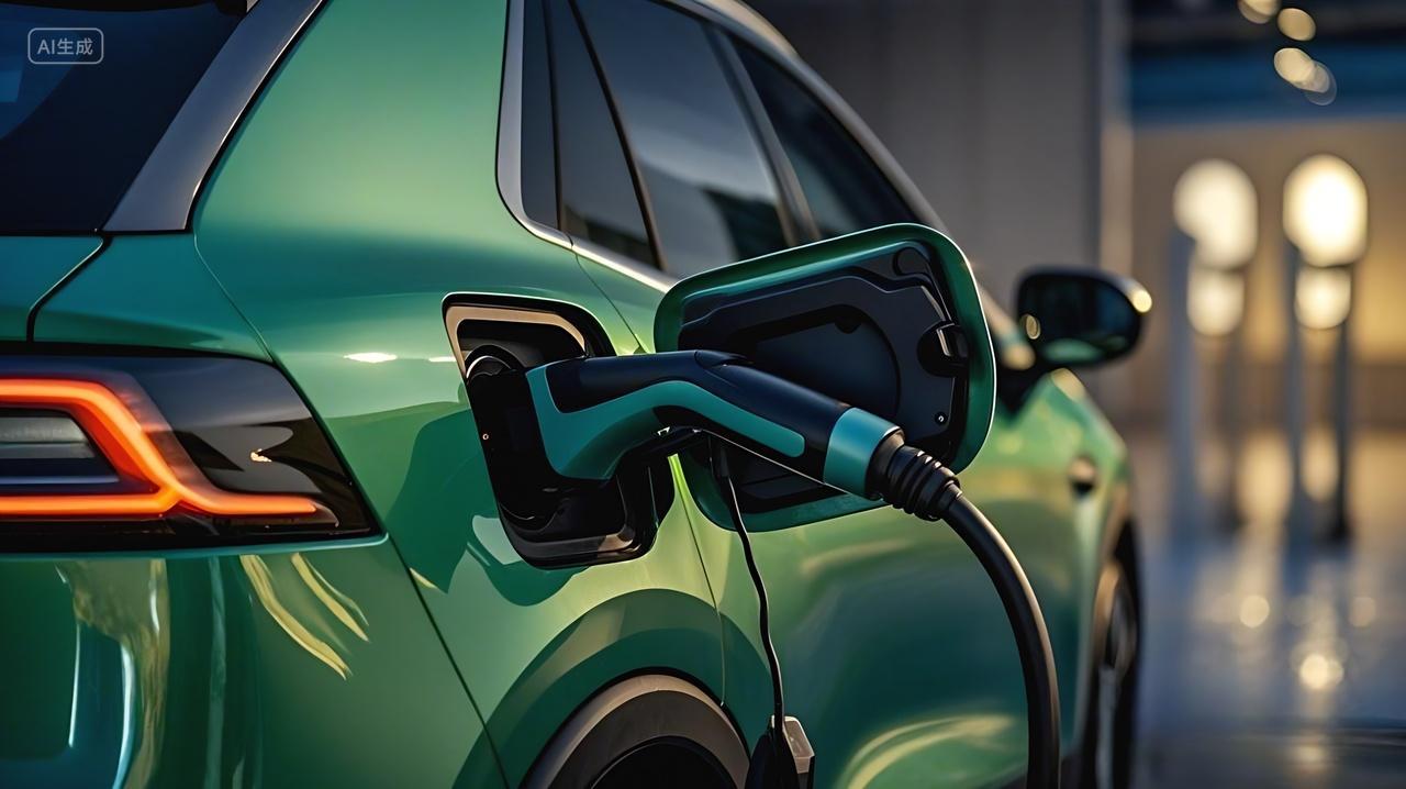 一辆绿色的电动汽车正在充电的场景