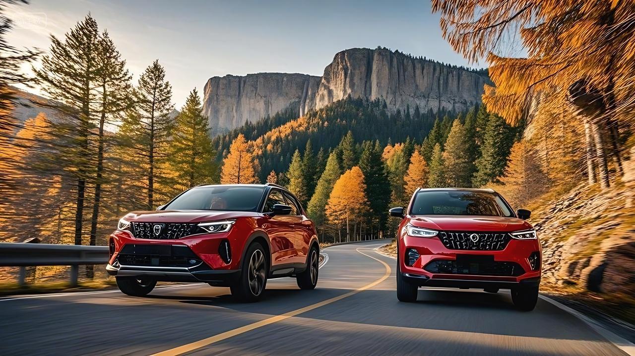 车一条蜿蜒的公路两辆红色SUV一前一后行驶在路上