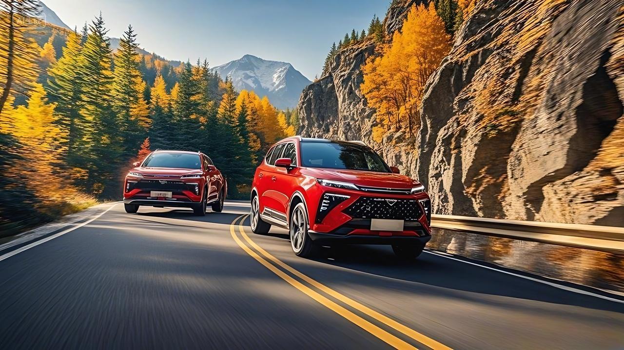 车一条蜿蜒的公路两辆红色SUV一前一后行驶在路上