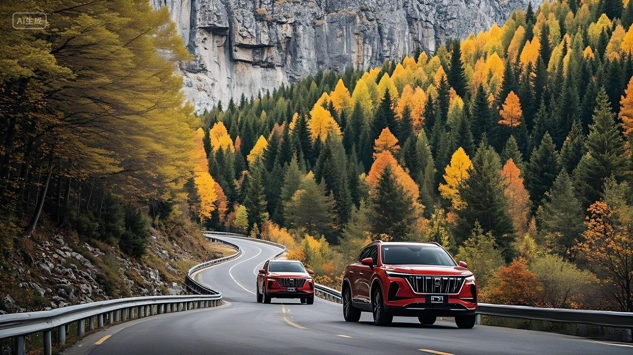车一条蜿蜒的公路两辆红色SUV一前一后行驶在路上