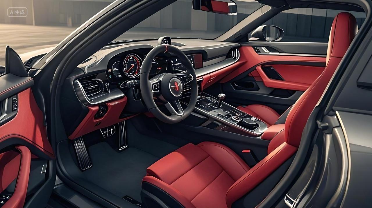 整体内饰以黑红配色为主的一张汽车内饰图