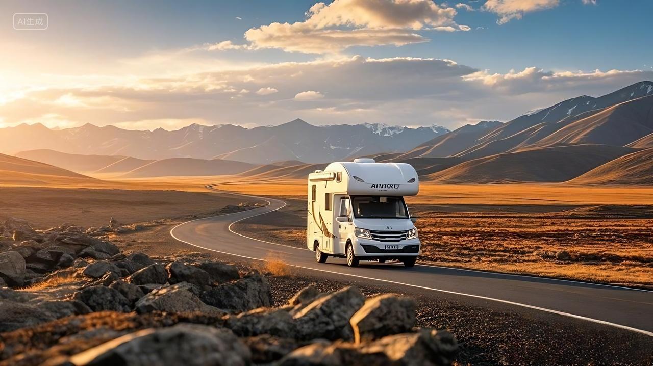 一辆白色的房车行驶在一条蜿蜒的公路上