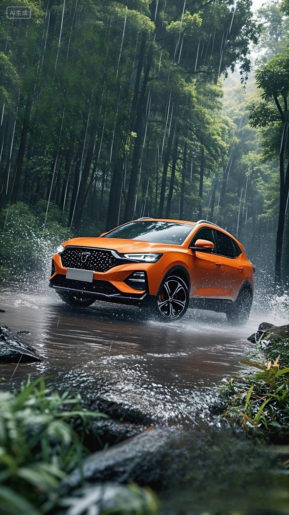 车一辆橙色的SUV行驶在雨中的林间道路上