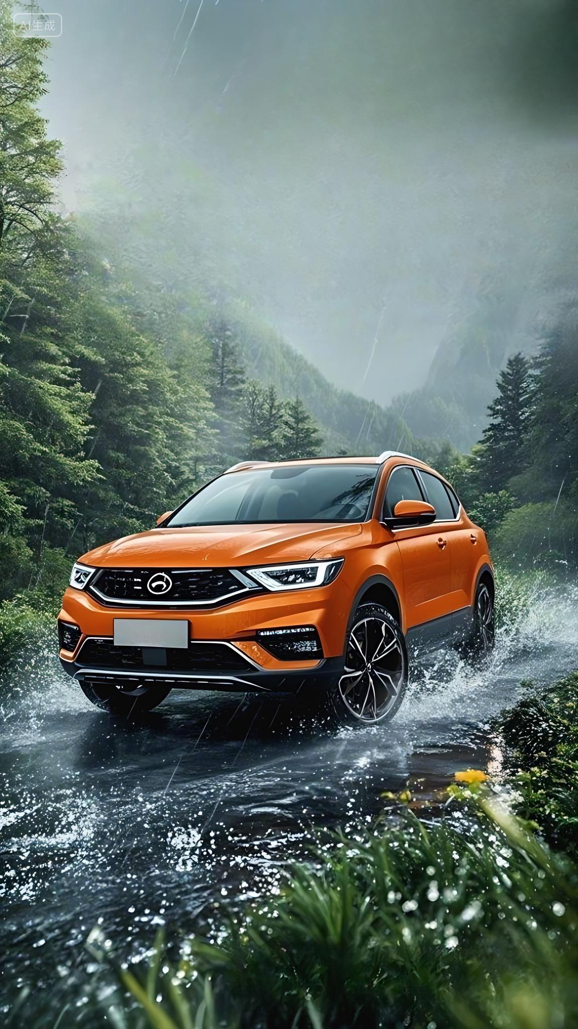 车一辆橙色的SUV行驶在雨中的林间道路上