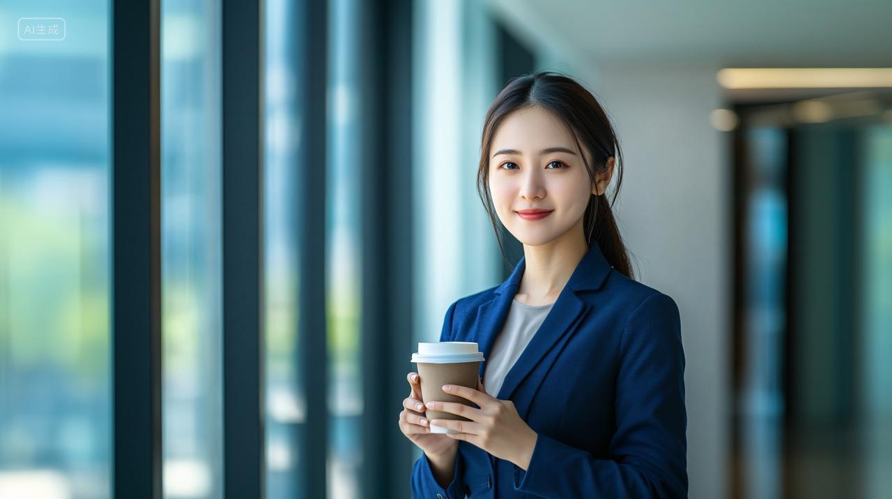 中国商务女士女精英在办公楼拿着咖啡人物图片