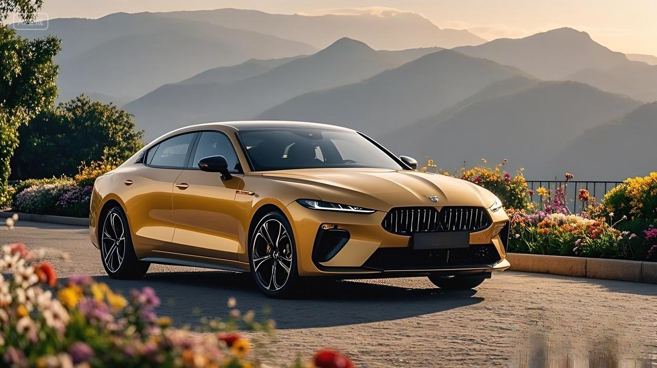 带有花卉和山水元素背景里有一辆金色的跑车图片