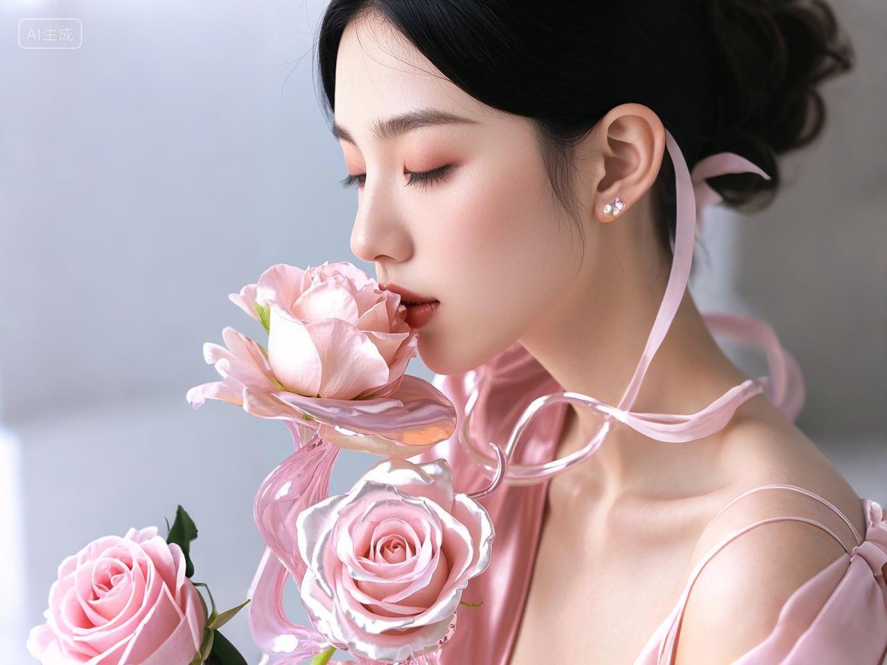 三八妇女节精致女性闻着一束粉色艺术玫瑰花头像摄影人物写真