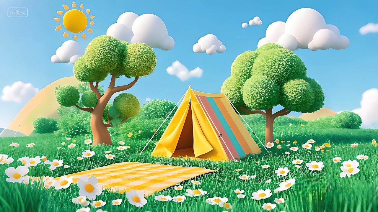 卡通春天场景颜色鲜艳的帐篷野餐垫图片