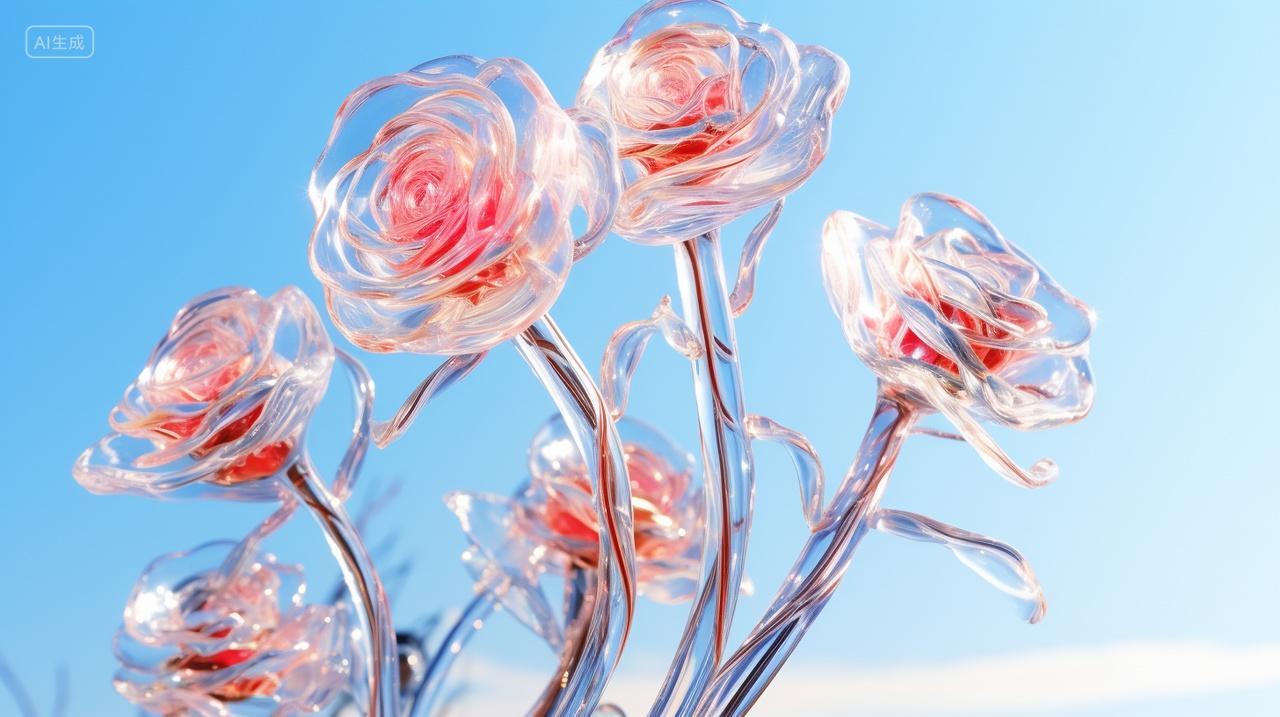 214情人节半透明红玫瑰花花卉玻璃材质置于淡天蓝与淡白天空下
