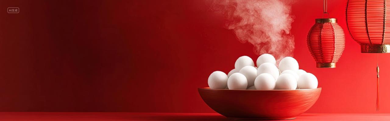 红色背景前有一碗热气腾腾的汤圆元宵节海报灯箱背景