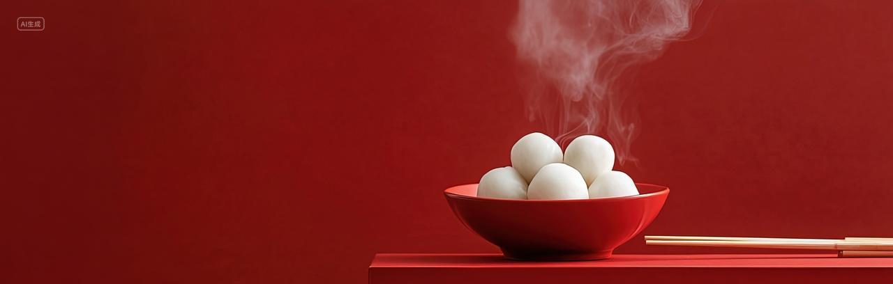 红色桌上摆着一碗热气腾腾的汤圆元宵节海报简约背景