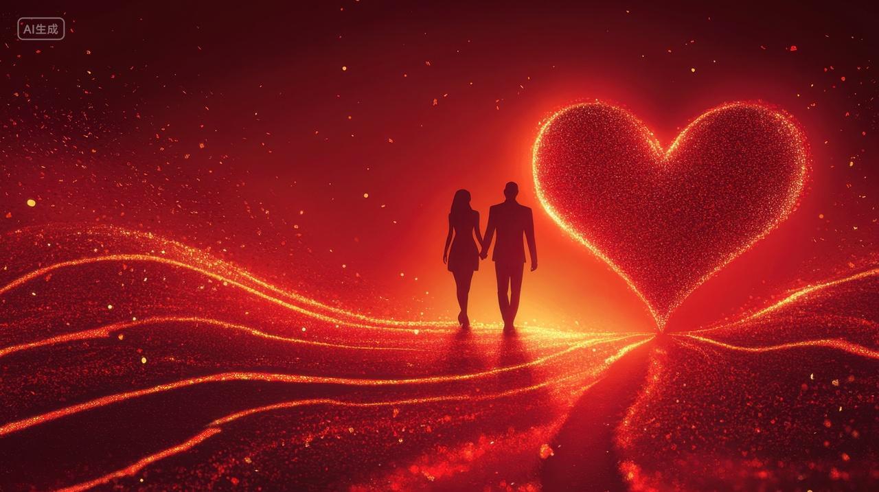 214情人节七夕节红色爱心粒子下的情侣剪影