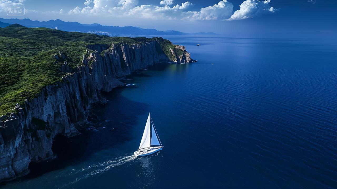 大海面上的白色帆船乘风破浪美好未来砥砺前行奋斗拼搏励志努力悬崖大海