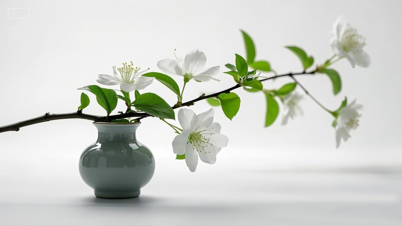 白色花朵花卉垂丝海棠花静物陶釉材质花瓶静物摄影