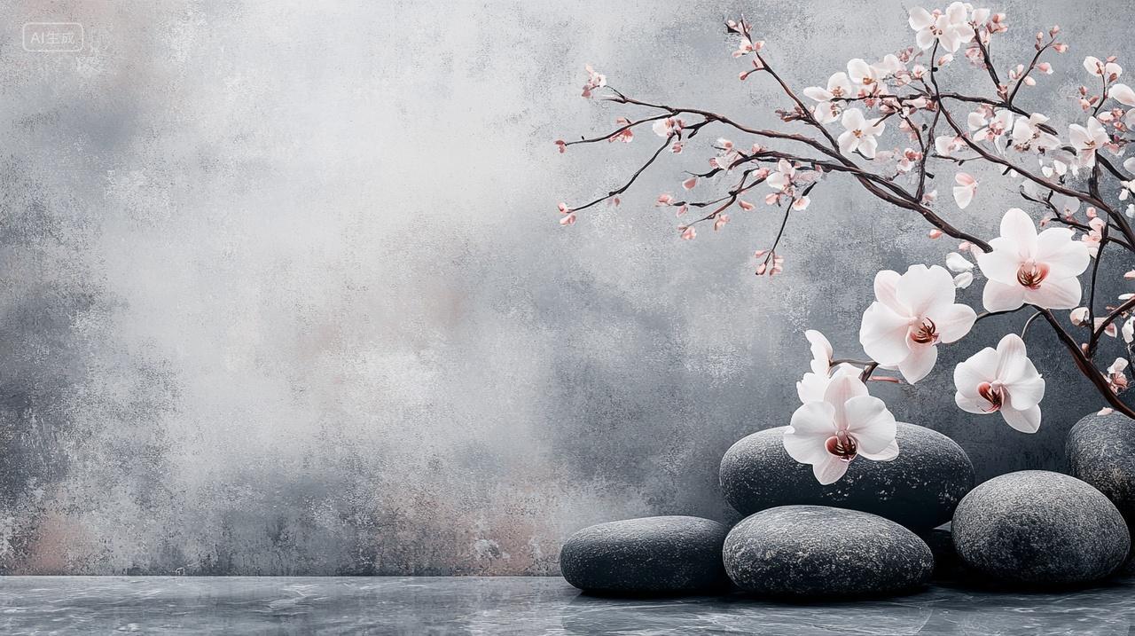 春天兰花与碎石于中国古风场景水墨风优雅清秀俊逸花卉插画