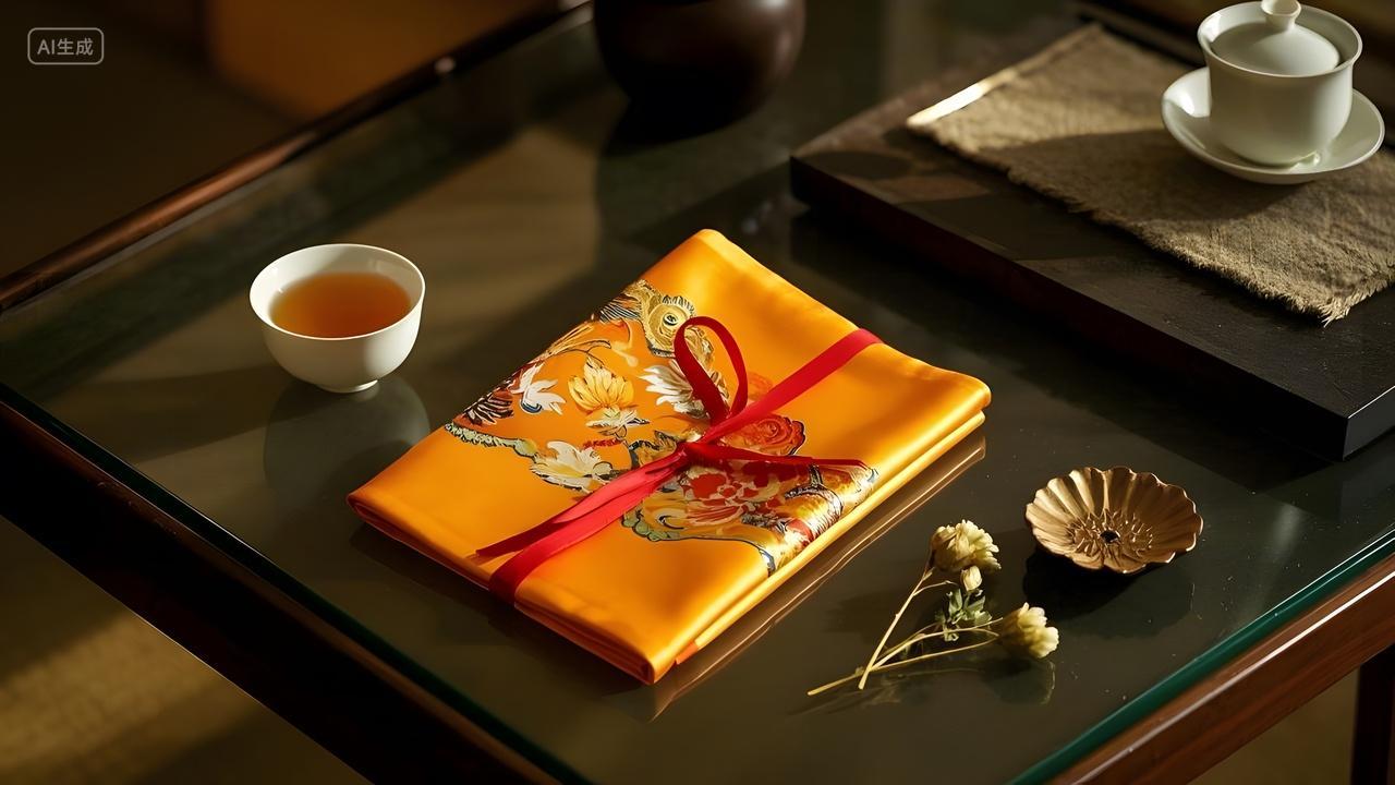 中国风丝绸手帕礼盒与茶具摆设古色古香古风中华传统文化布艺图片