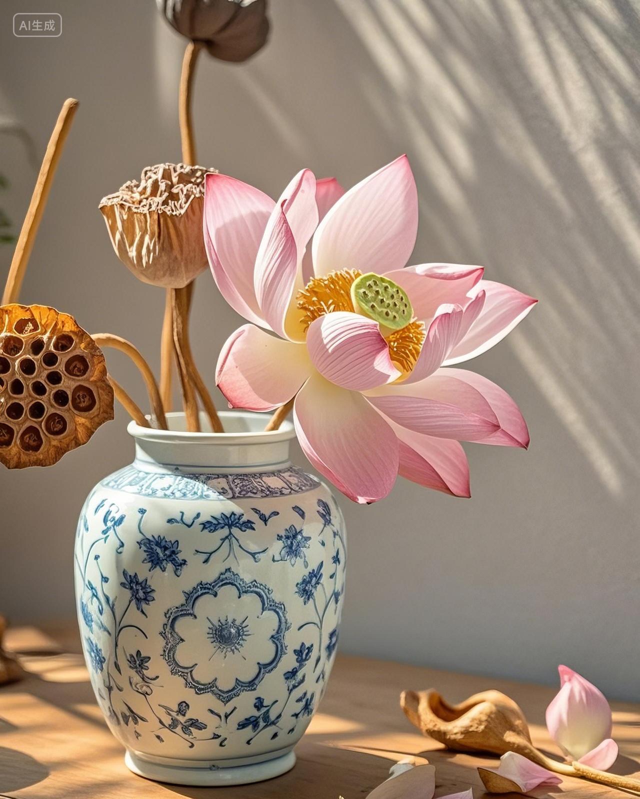 干花荷花植物青花瓷花瓶客厅摆放清新素雅静物摄影