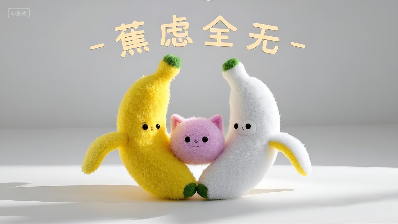 毛绒风格香蕉艺术字蕉虑全无蕉绿全无焦虑谐音梗香蕉创意图