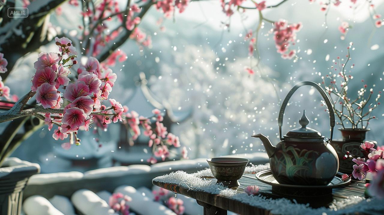 冬季冬天雪花雪天下雪古风飘落粉梅开白树挂晶后树霜中式茶桌大寒冬天插画