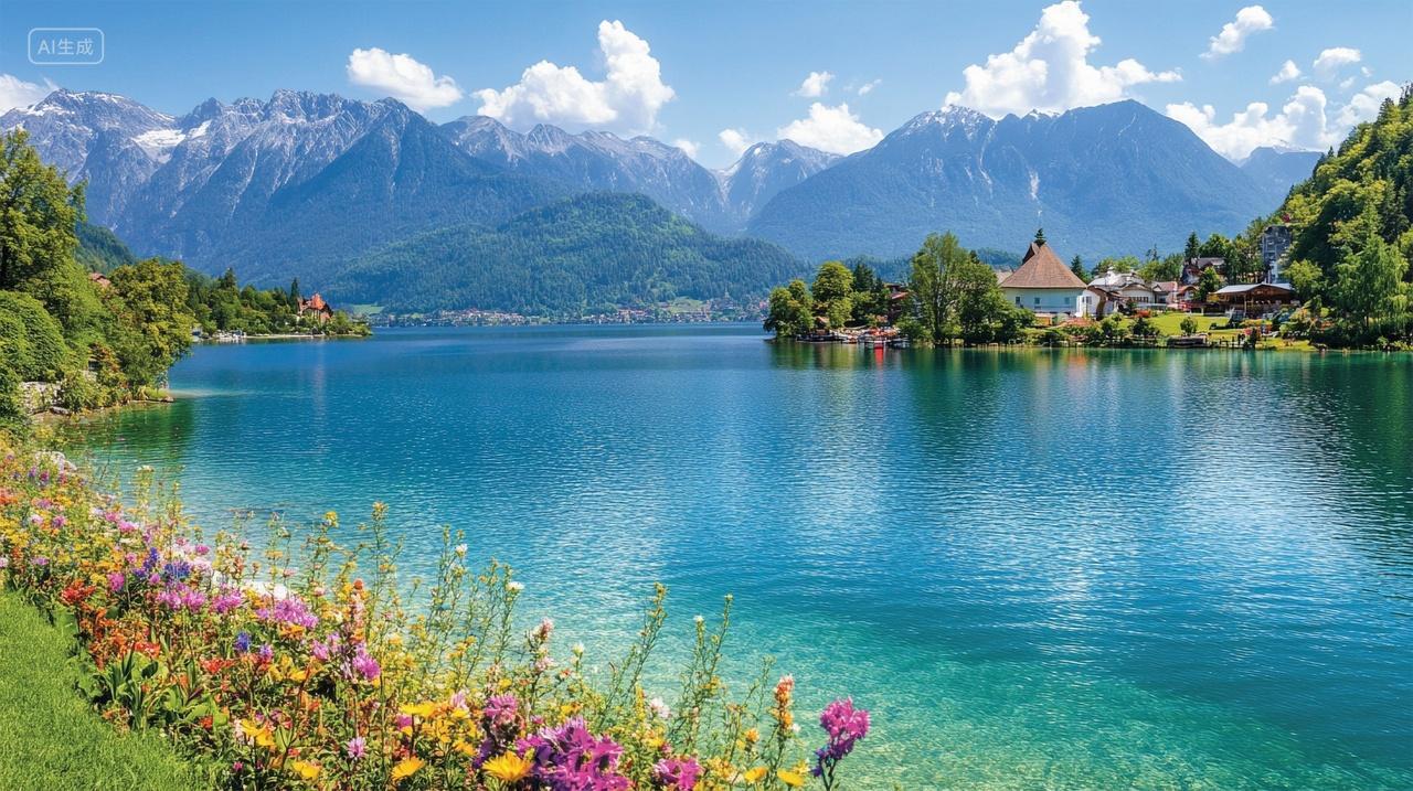 平视角度拍摄山湖美景鲜花湖畔雪山村庄自然景观风景风光电脑壁纸山水图
