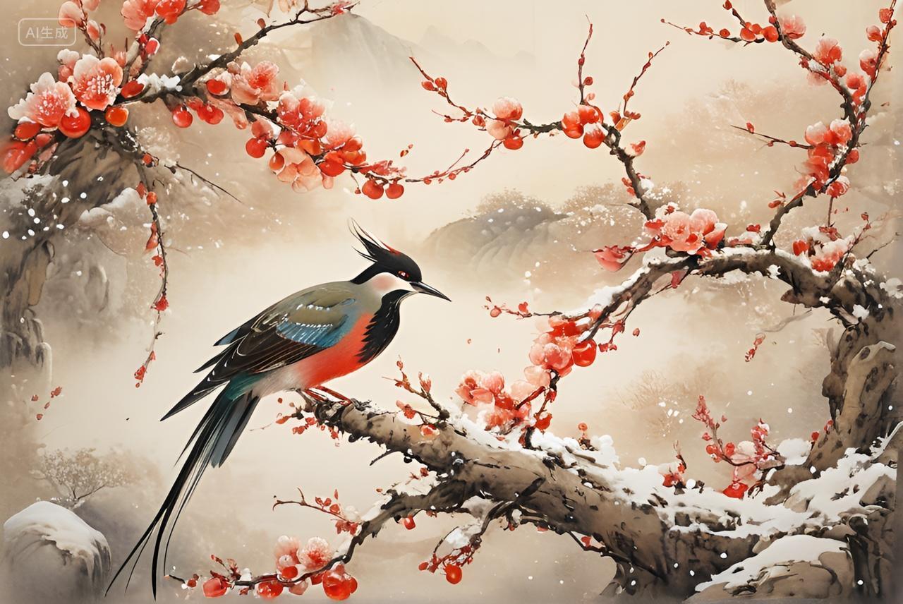 冬天小寒节气海报厚雪覆盖红梅鸟立枝头国风古风渐变大寒冬季插画花鸟画客厅挂画印刷