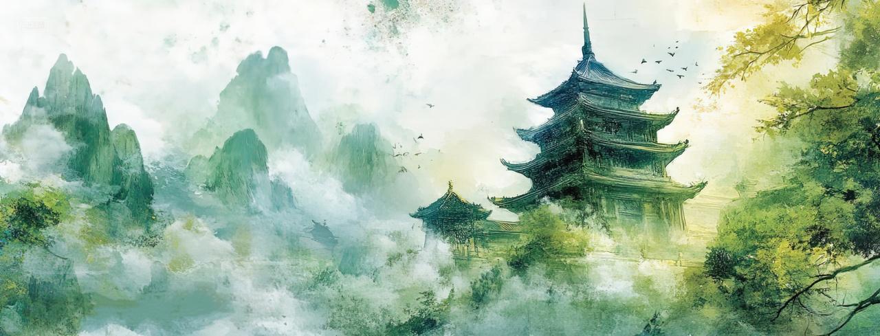 古风水墨山水建筑淡雅国潮企业文化商业海报创意背景古风中国风水墨画水彩画客厅挂画