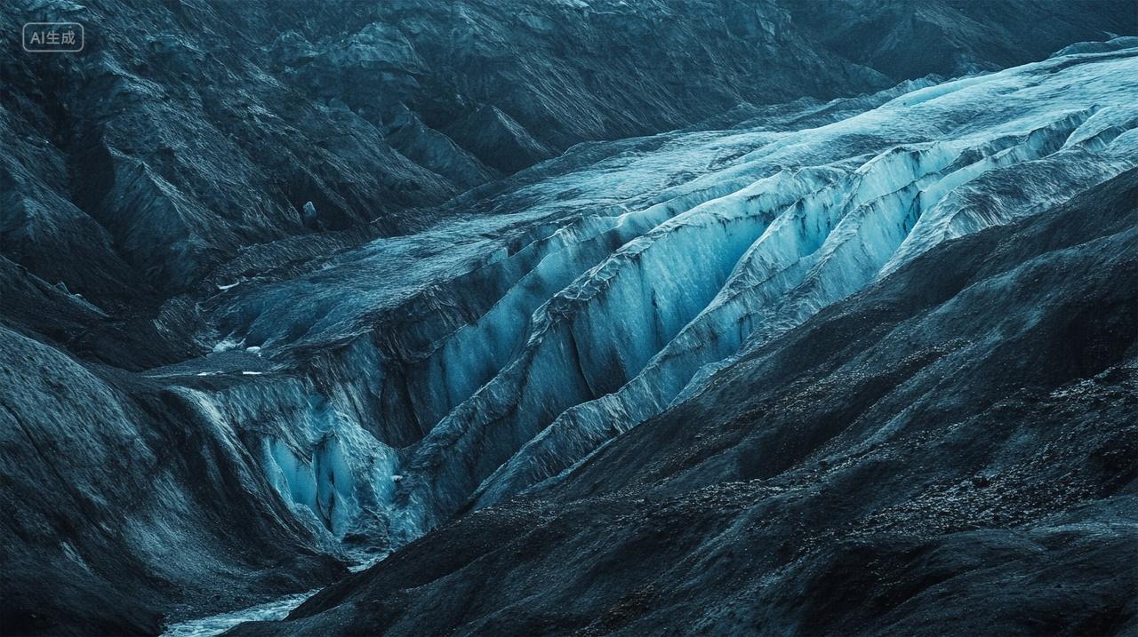 俯拍冰川山谷蓝冰纹理冷峻地貌自然景观
