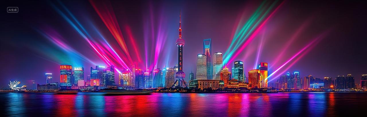 科技一座城市上空发射出五彩光芒春节喜庆建筑繁华海报背景